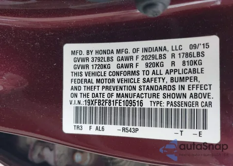 2015 Honda Civic Ex из США, поврежденный, VIN 19XFB2F81FE109516